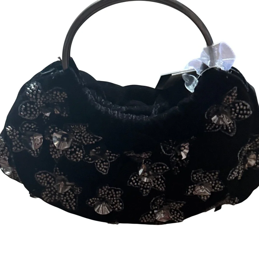 New Release Velvet Beaded Floral Black Chic Round Handle Small Tote Bag NWT